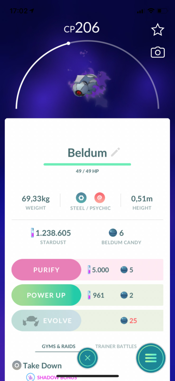 Pokémon Go – Shiny Shadow Beldum ( Purified) – trade 20k ( Registered)