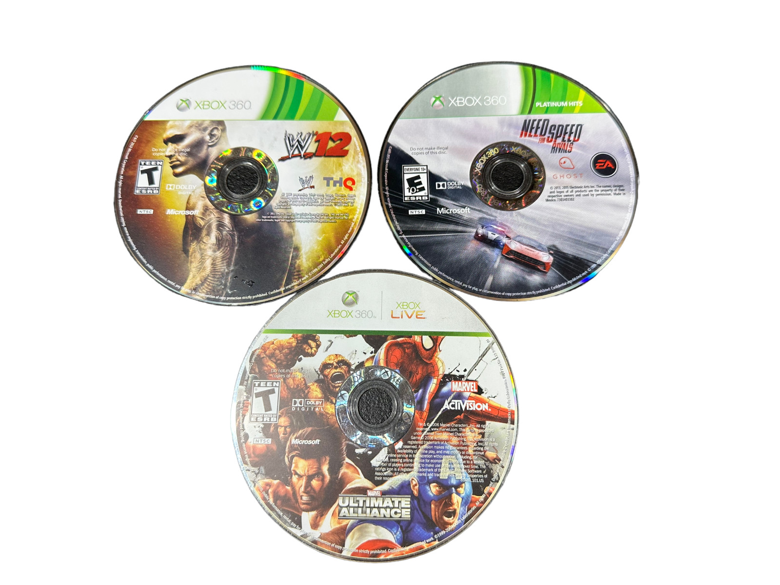 XBOX 360 Game DISC ONLY WWE ’12 Need for Speed Rivals & Marvel Ultimate Alliance