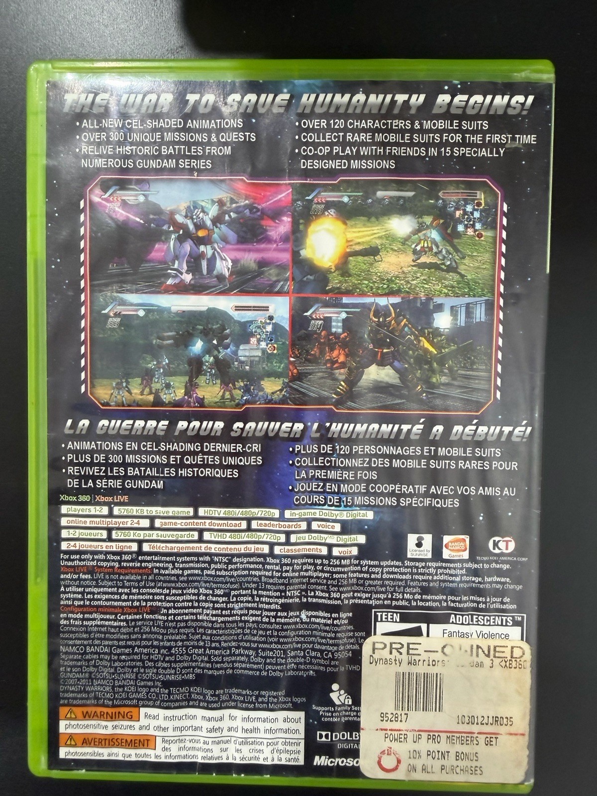 Dynasty Warriors: Gundam 3 (Microsoft Xbox 360, 2011) Complete CIB