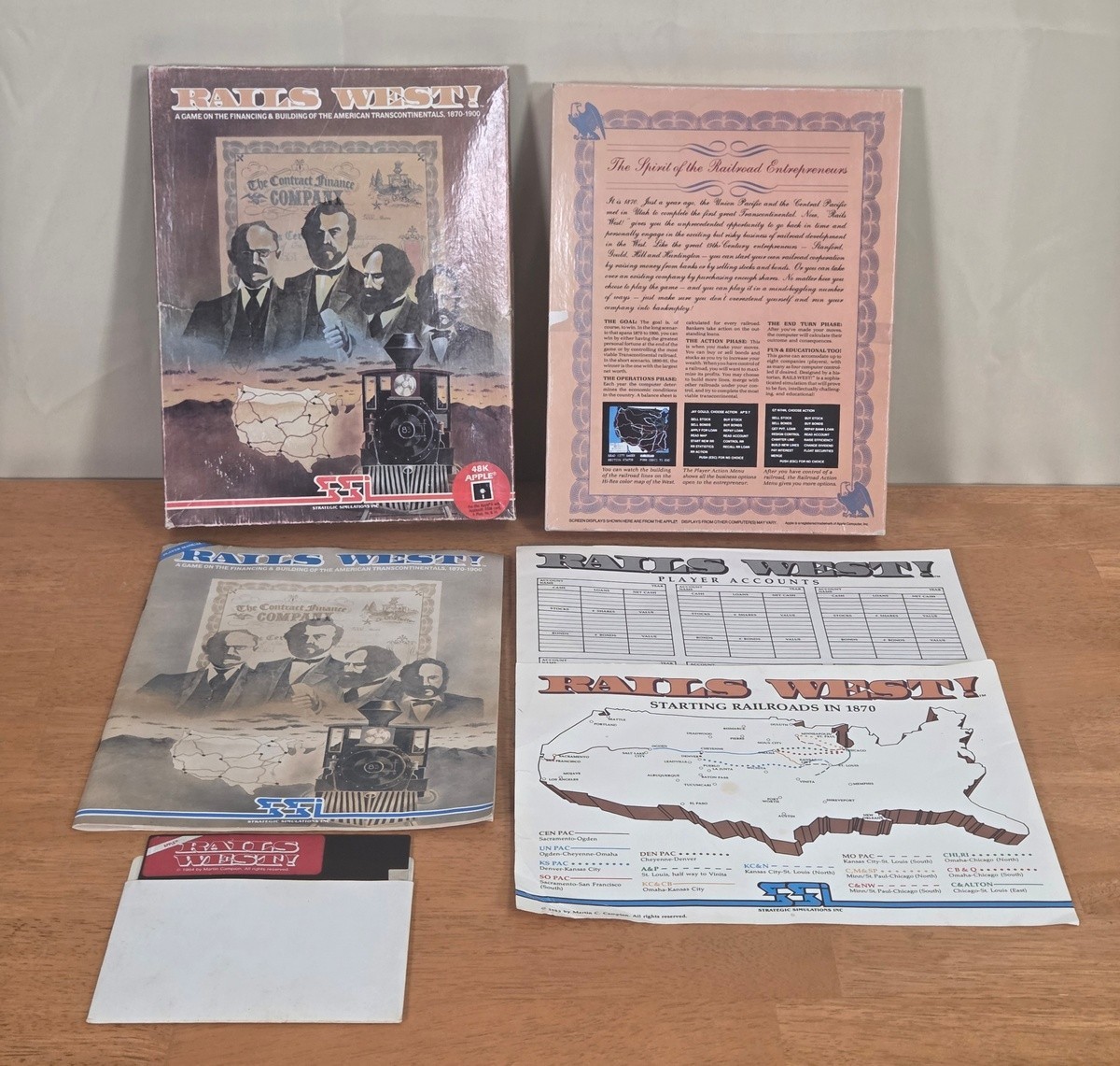 Rails West SSI Apple II II+ IIe PC Big Box Game Map Railroad Train CIB Complete