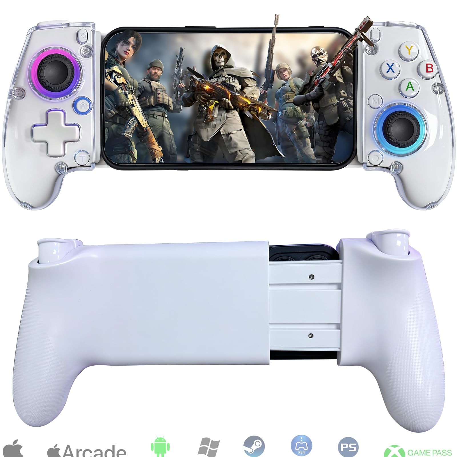 Transparent Wireless Gaming Controller: iOS/Android, PC/Console, RGB, Vibration