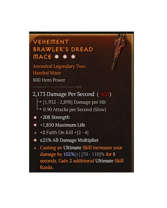 Diablo 4 Eternal Vehment Brawler’s Dread Mace 3GA Legendary Weapon Item Gear