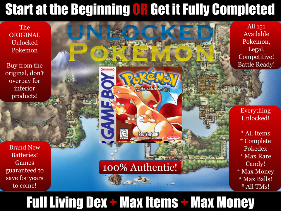 Authentic Unlocked Pokemon Red, All 151 Legal + Extra, Max Items, Money GB GBC