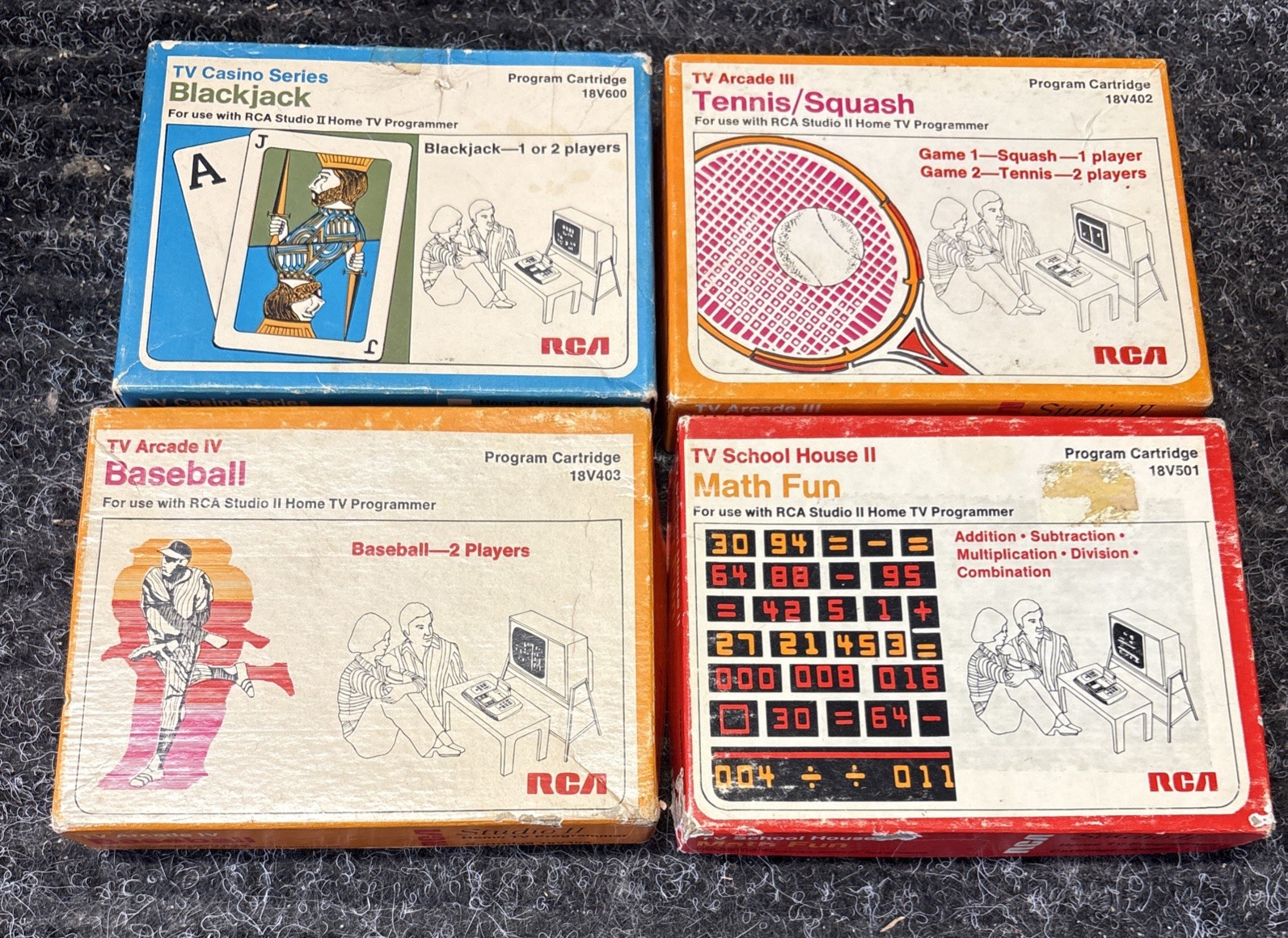 4 Cartridges RCA Studio II Home Tv Console Blackjack Baseball Tennis Math Fun