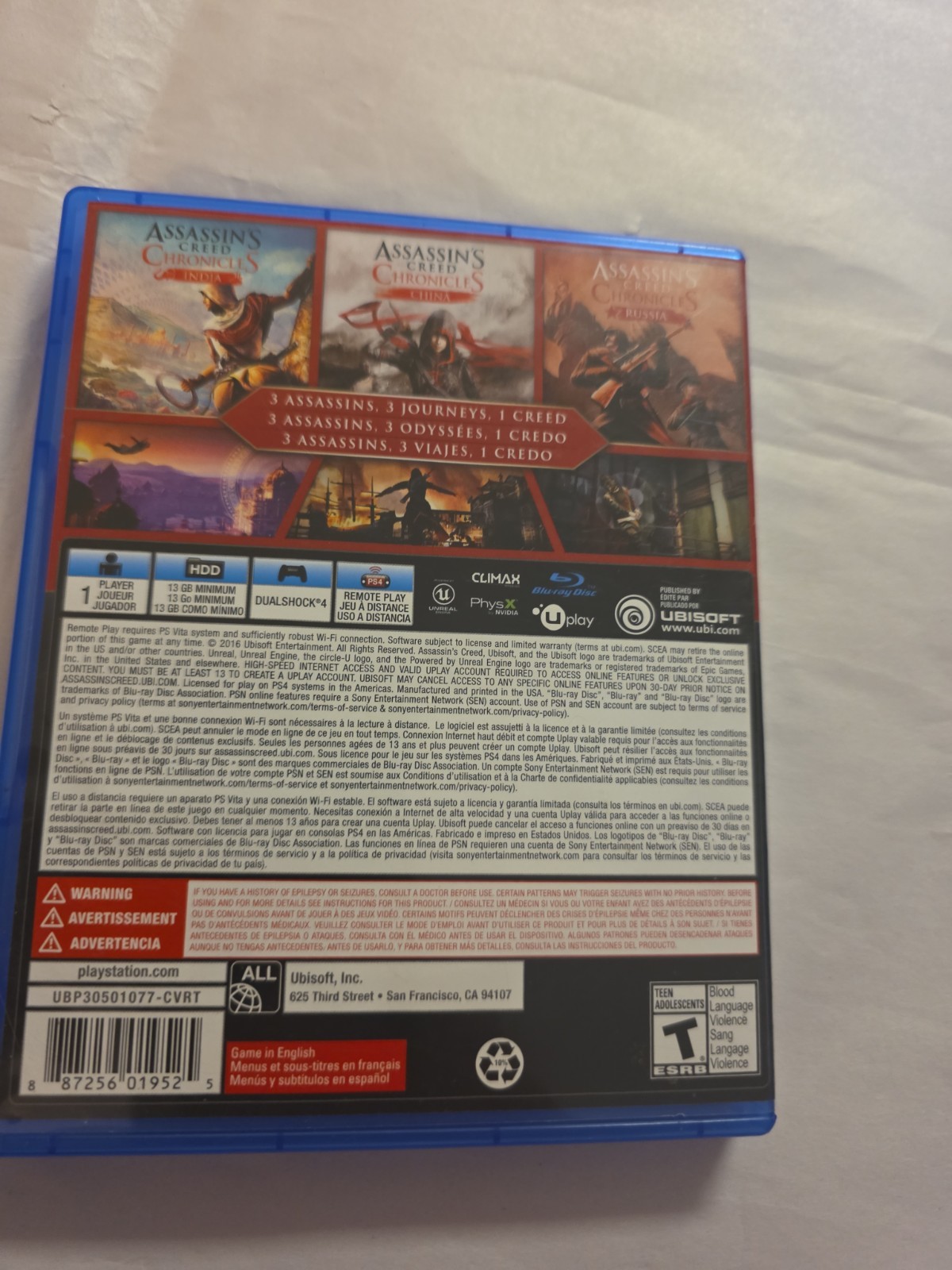 Assassin’s Creed Chronicles (Sony PlayStation 4, 2016) Free Shipping