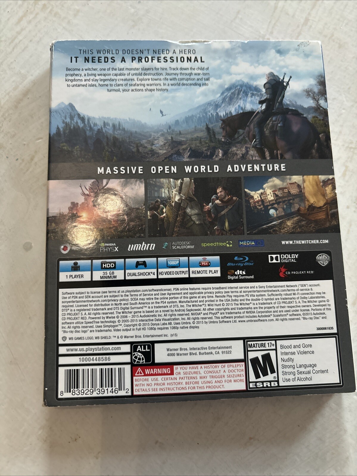 The Witcher III : Wild Hunt – PlayStation 4 [video game] PS4 CD Projekt RED