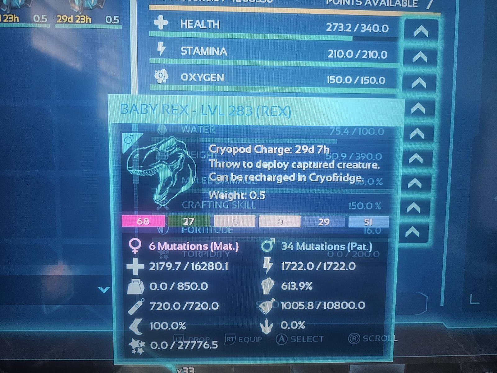 ark survival ascended Pve Crossplay 16,280 Hp 613.9 Melee Male Baby Rex