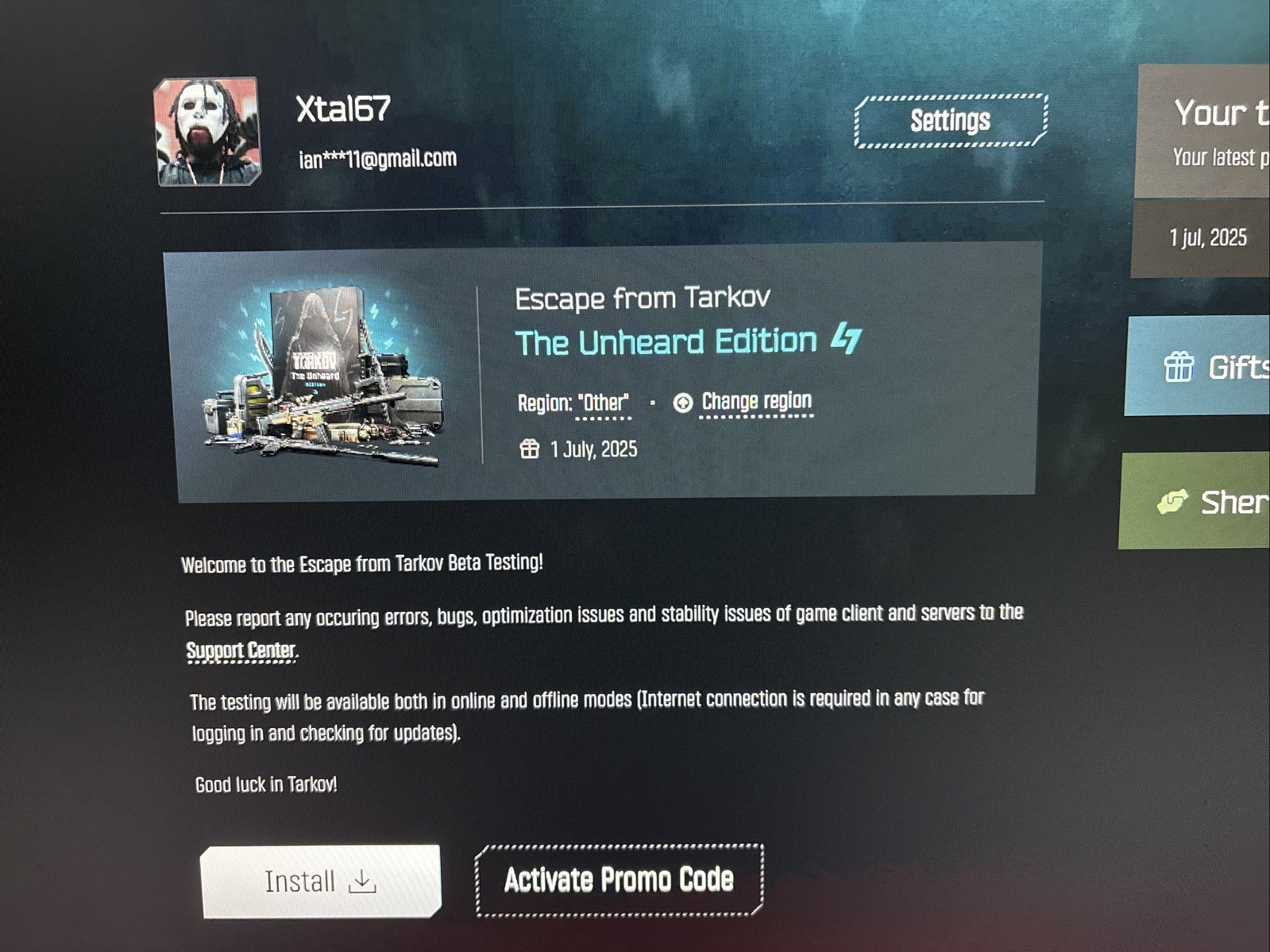escape from tarkov account Unheard Edition