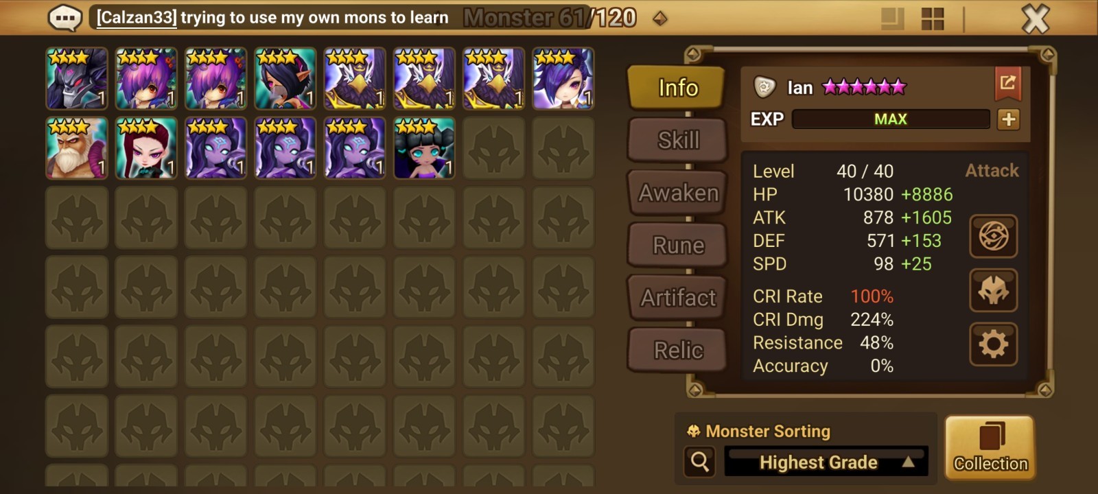 Summoners War Global Account 4LD5 Zeratu+Destiny+Ian+Eleanor. PVE DONE
