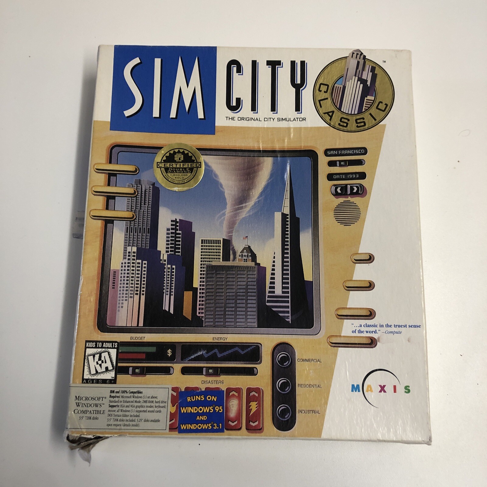 Sim City Classic 1993 Maxis 3.5″ Floppies Big Box PC COMPLETE!