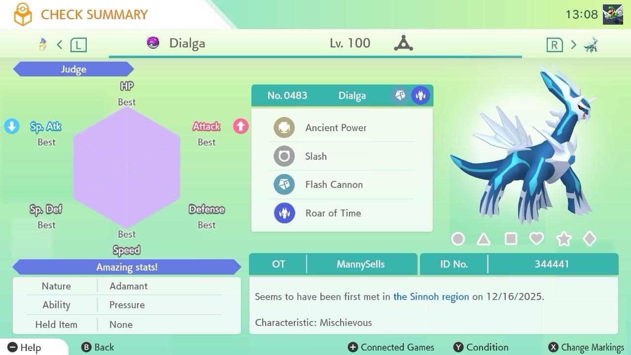 BDSP Caught Legendaries Shiny/Non Shiny, 6IV, Level 100, EVs 6HP 252ATK 252SPE