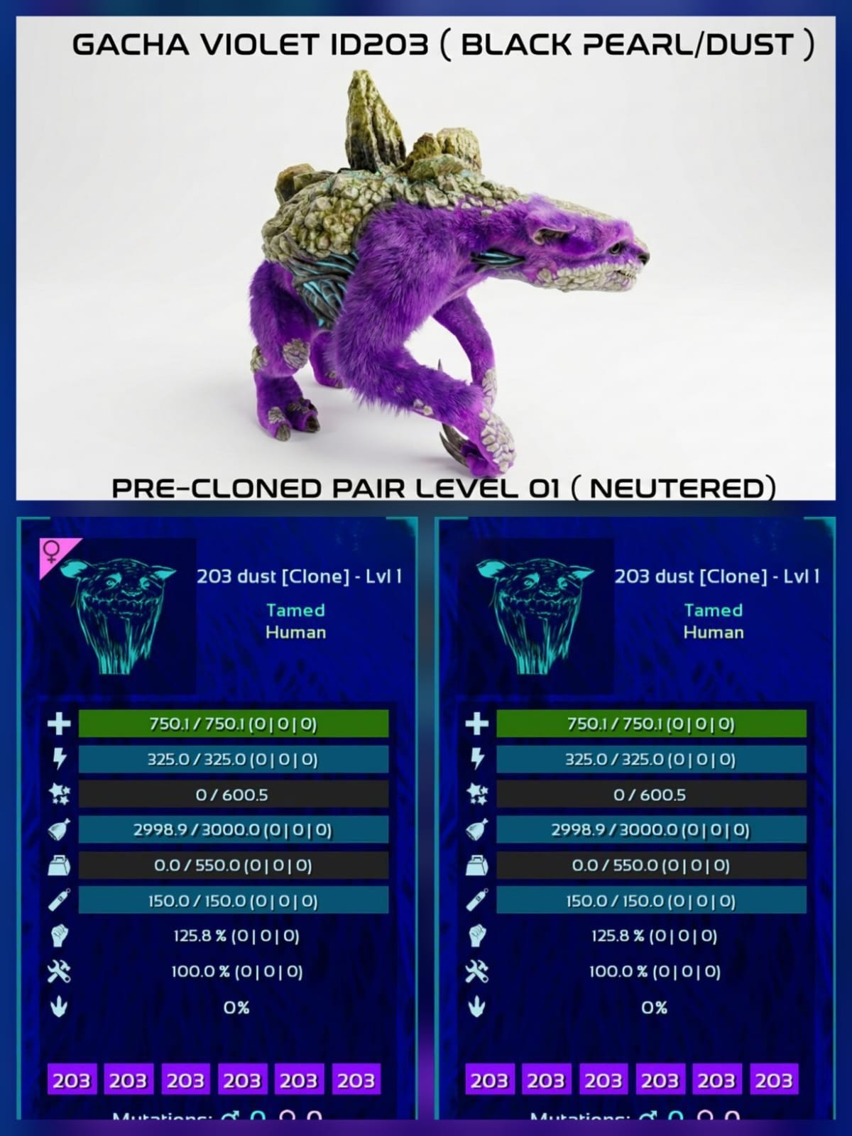 GACHA Full Color Pre-Cloned Pair neutered Ark Ascended Official PVE PC/XBOX/PS5