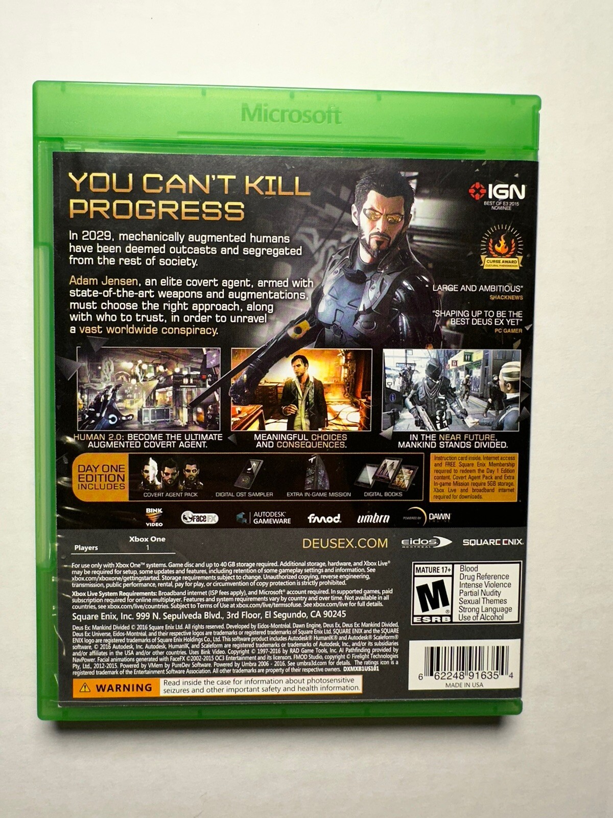Deus Ex: Mankind Divided — Day One Edition (Microsoft Xbox One, 2016) – Tested