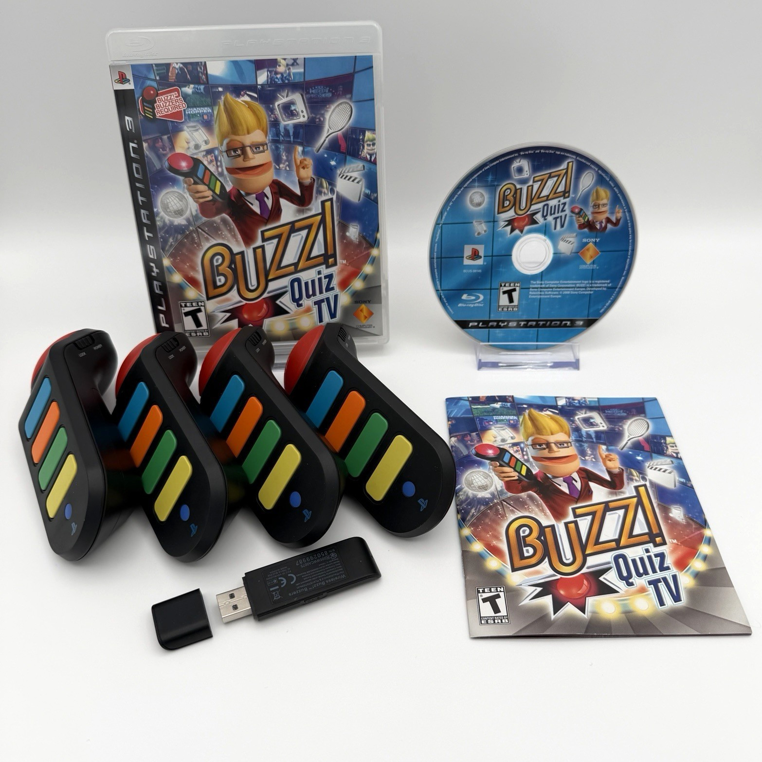Buzz Quiz TV Sony Playstation PS3 4x Wireless Buzzers w/Dongle Clean + Tested
