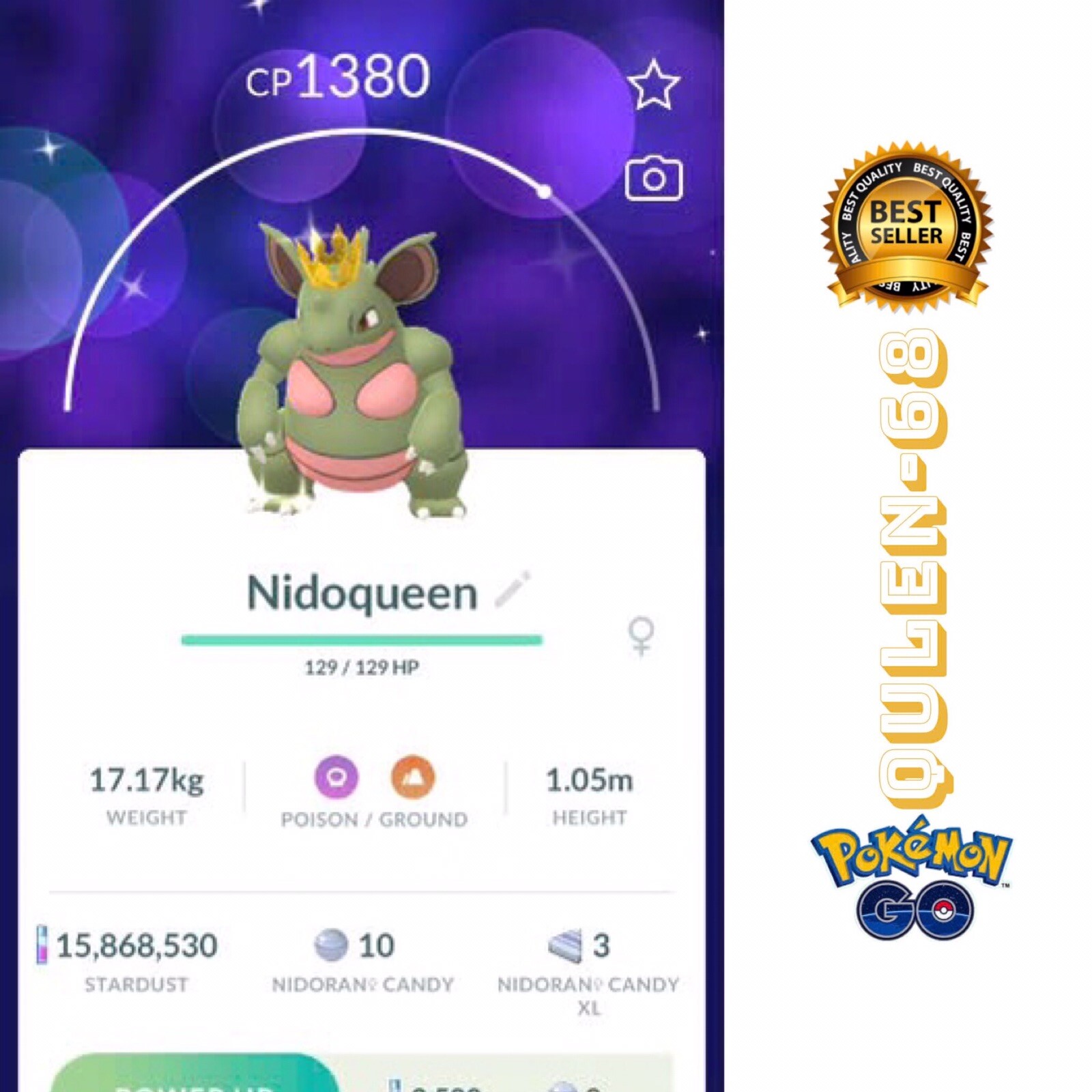 Pokémon Go Shiny Crown Nidoqueen – Trade Registered Or PTC – Available