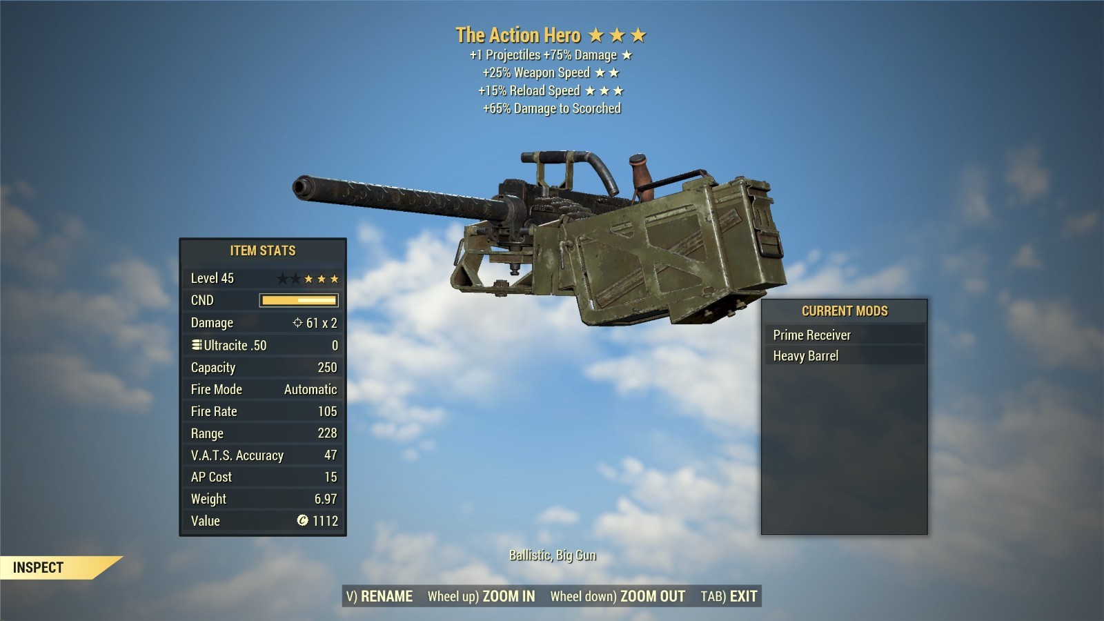 FALLOUT 76 [PC] THE ACTION HERO TOP UNIQUE ULTRA RARE MOST WANTED GUN TOP MODS