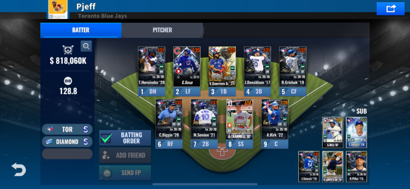 MLB 9 Innings 2026 Blue Jays 128.8 OVR W/Supreme, All Black team sigs + Legends