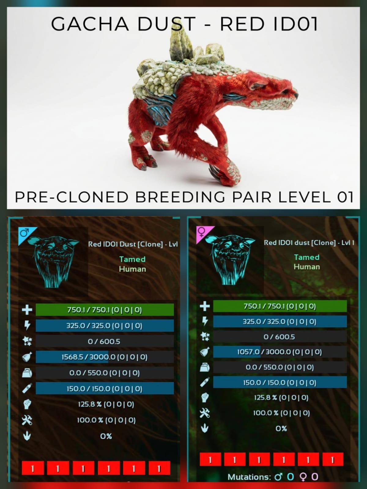 GACHA Dust LVL 01 Pre-Cloned breeding Pair Ark Ascended Official PVE PC/XBOX/PS5