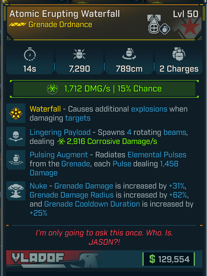 Borderlands 4⭐ATOMIC ERUPTING WATERFALL GRENADE⭐CORROSIVE⭐LINGERING⭐PULSING⭐NUKE
