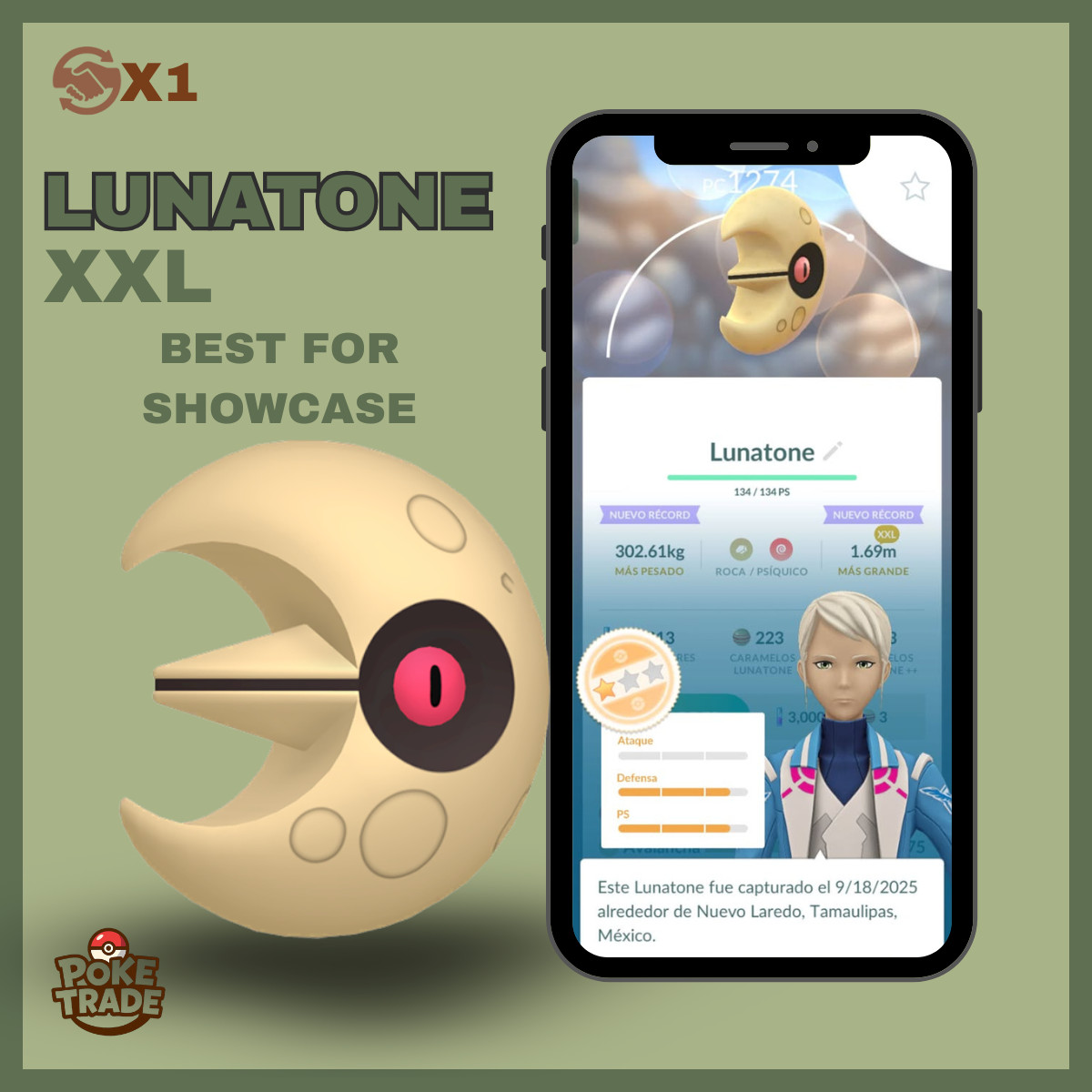 TRADE X1 Lunatone XXL – Go Pokemon – Best For Showcase