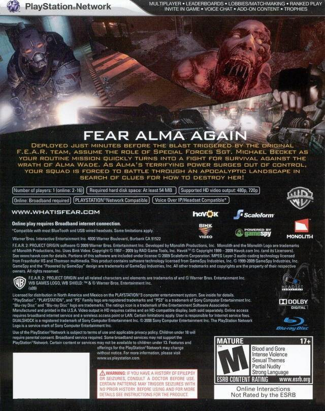 F.E.A.R. 2 Project Origin (PlayStation 3 PS3) Complete CIB! Tested!
