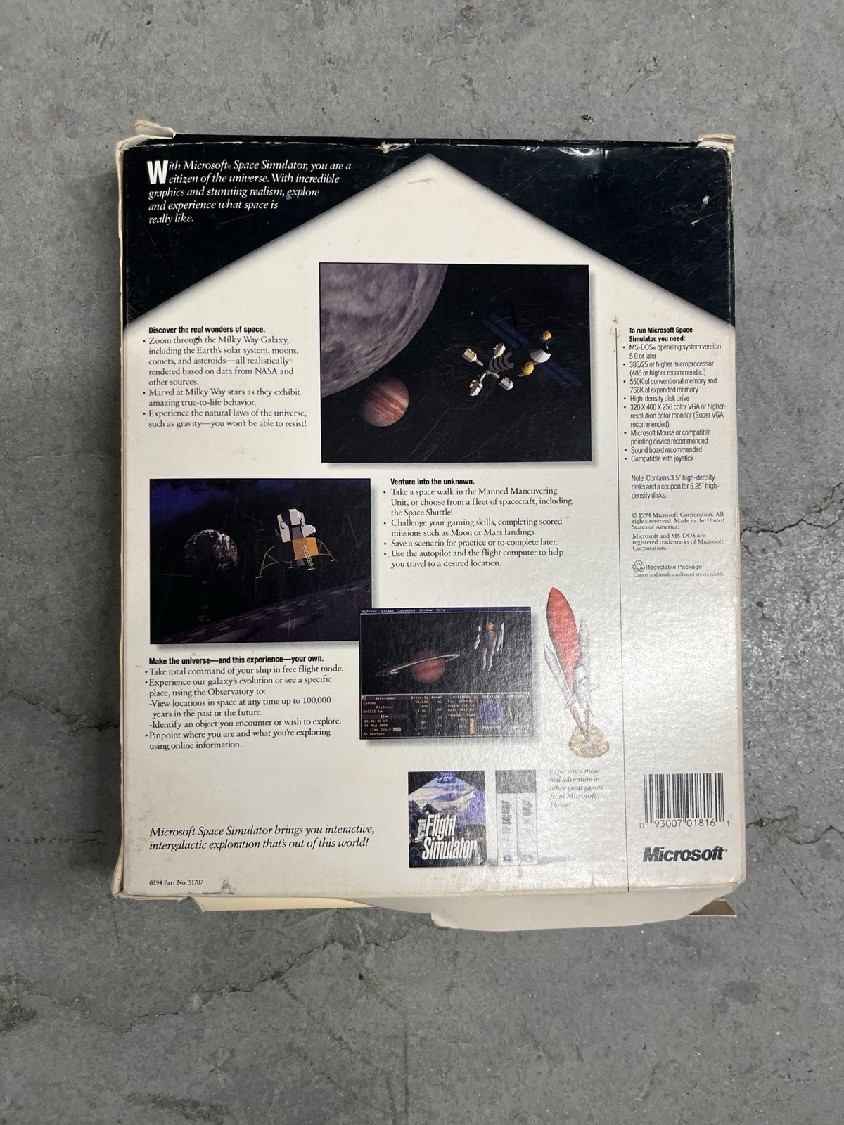 Microsoft Space Simulator 1994 Big Box PC Game w/ Manuals Disks 1-3 Missing 4-5