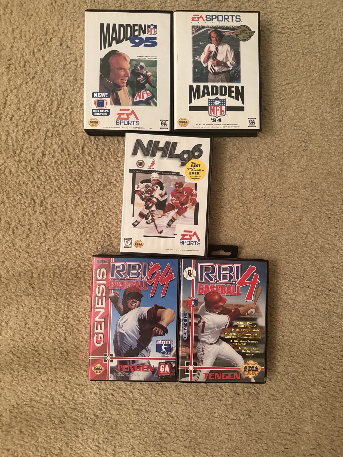 Sega Genesis Sports Game NHL 96 , Madden 94 & 95 , 2 RBI Baseball video games