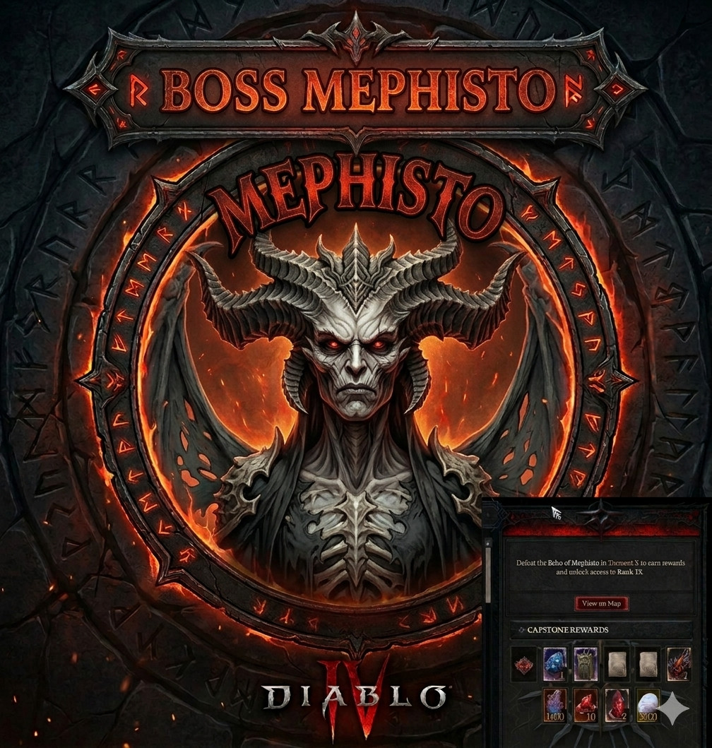 DIABLO 4🎃SEASON 13🔥CARRY MEPHISTO TIER 10-CLAIM RANK VIII SEASON OBJECTILES