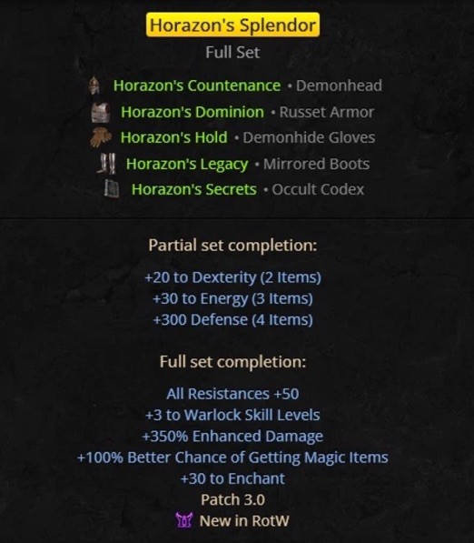 Horazon’s Splendor Set Warlock Diablo 2 Resurrected D2R ROTW PC XBOX Ladder