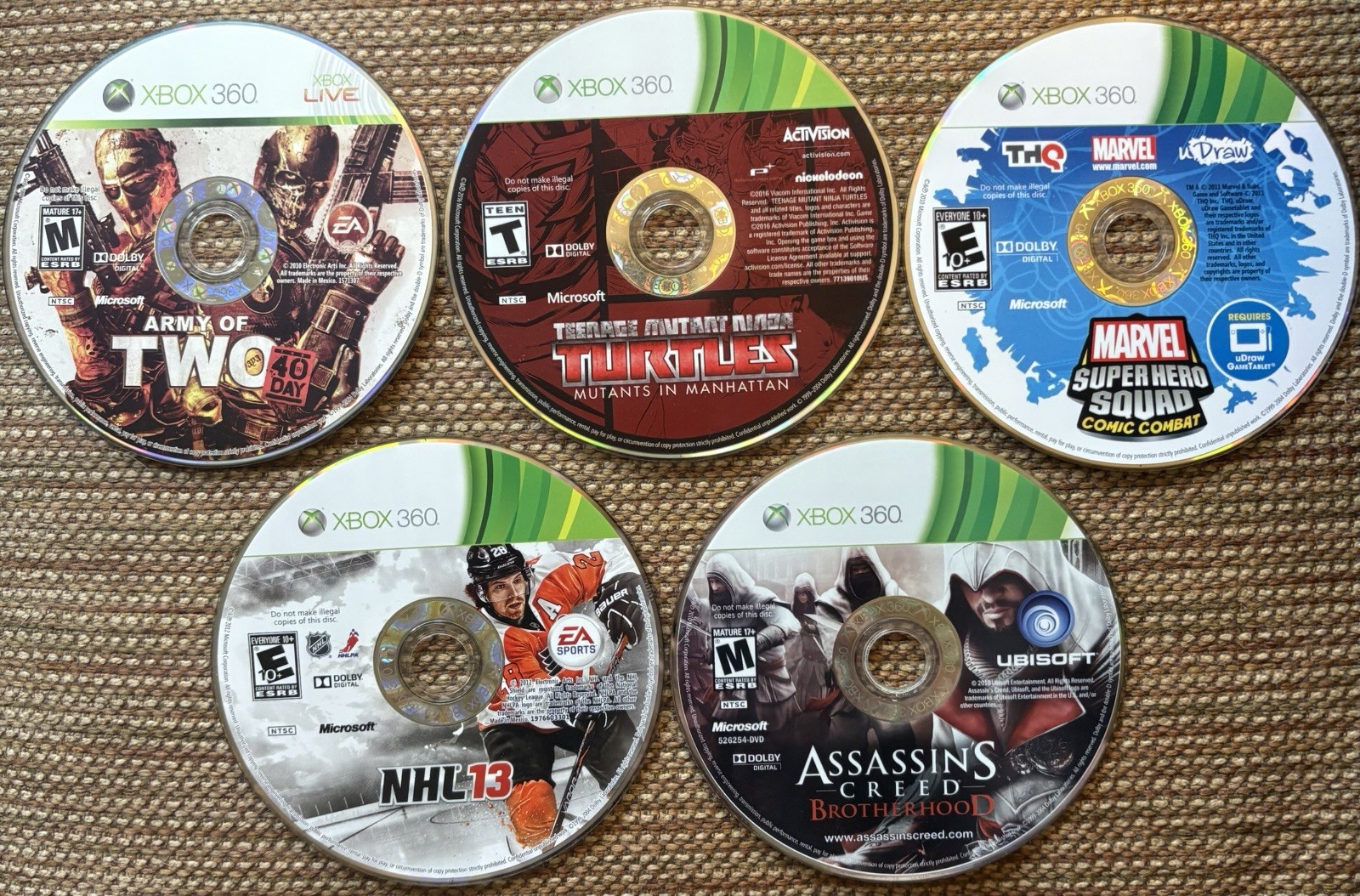 XBOX 360 FAMILY BUNDLE (TMNT, Army of Two, AC Brotherhood, Marvel, NHL 13)