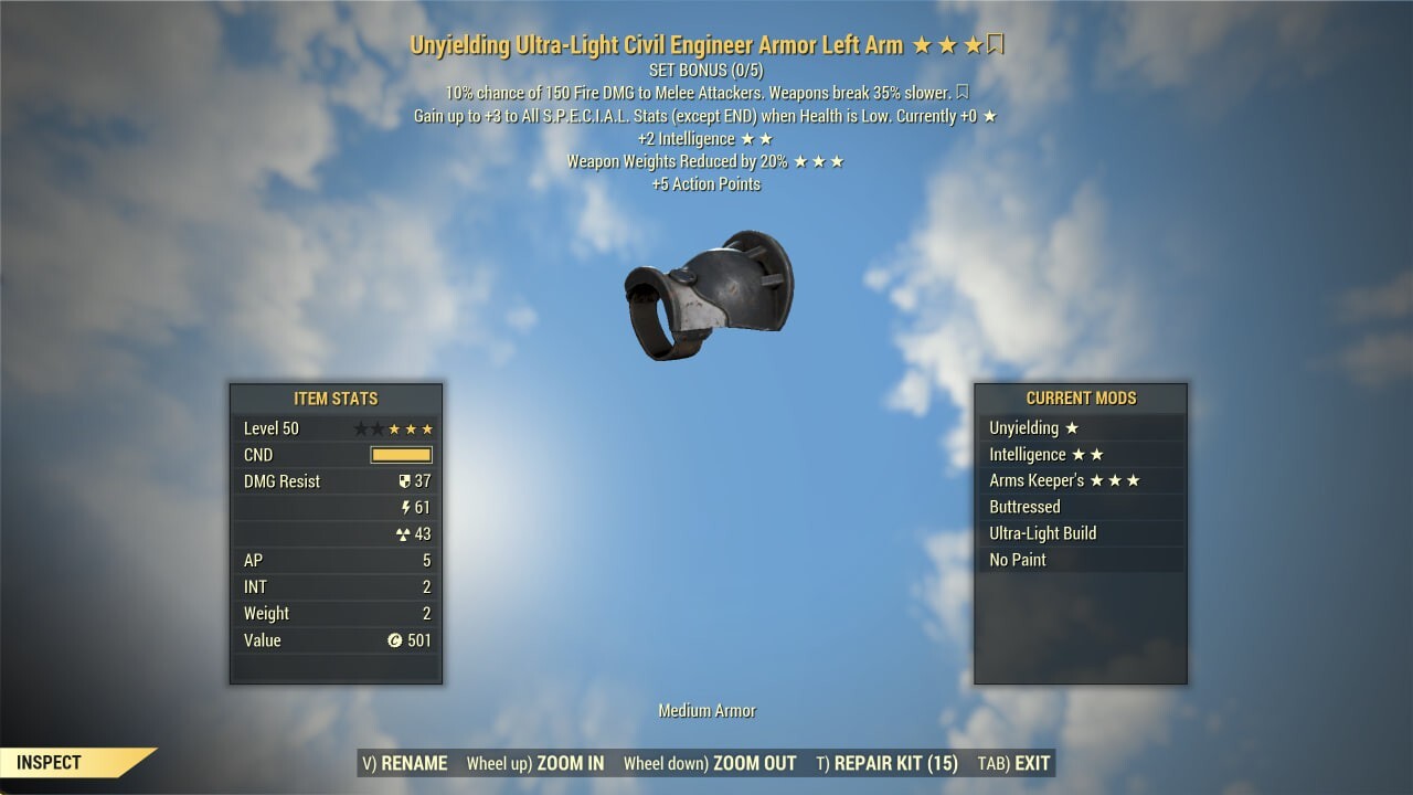 FALLOUT 76 PC CIVIL ENGINEER ARMOR SET UNYIELDING +10 INTELLIGENCE ARMS KEEPER