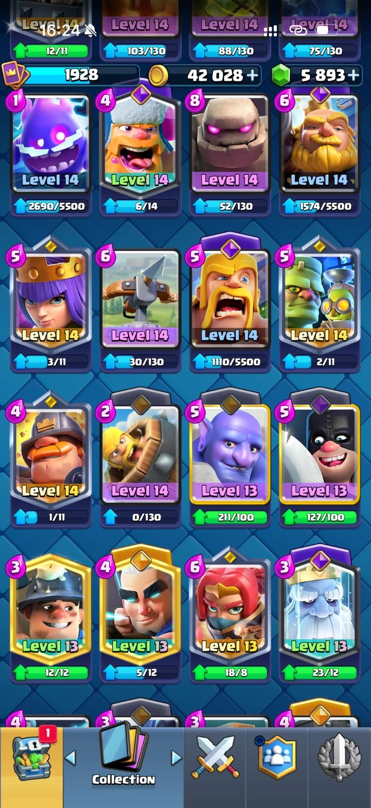 CR/LVL 75(80 Card LV 16-15-14) 13.5K Trophy/127 Emote/14 Tower Skin/32 Evoes