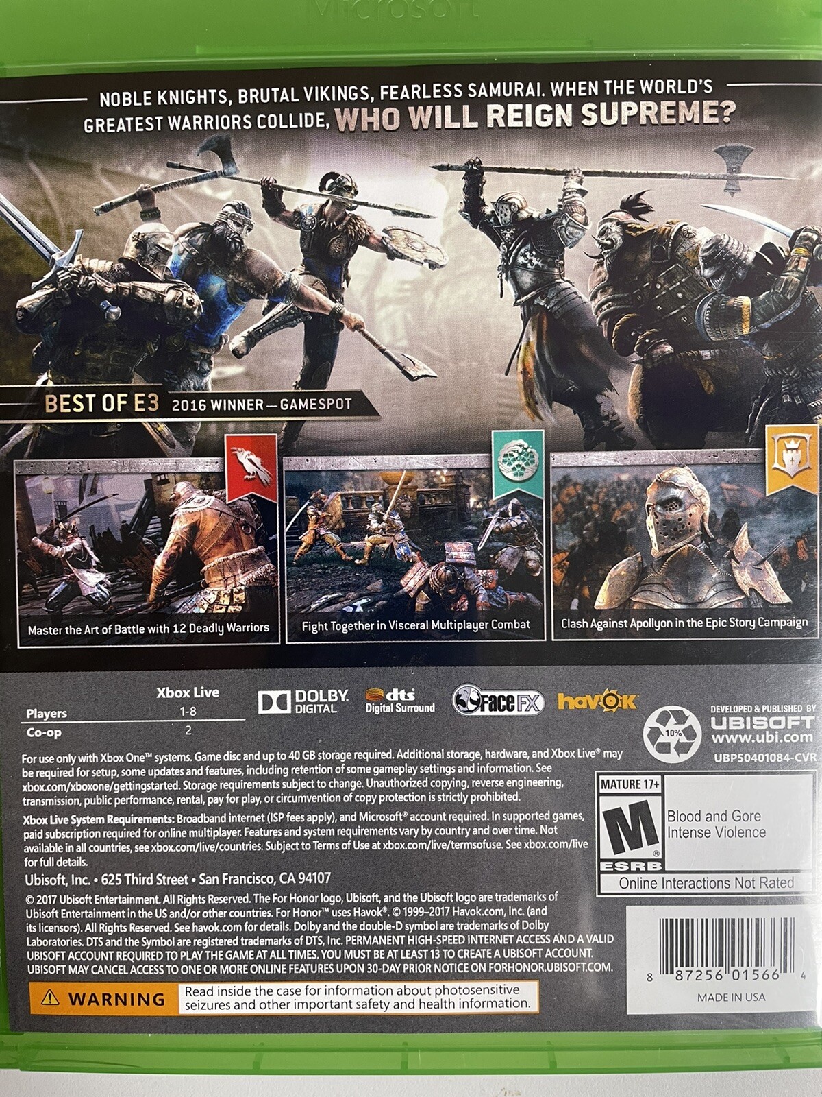 For Honor XBOX One Mature Rating Ubisoft Online Playability