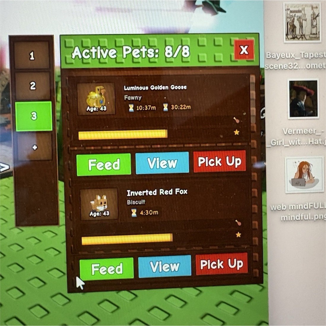 Roblox Virtual Pet Game Screenshot: Golden Goose & Inverted Red Fox Pets