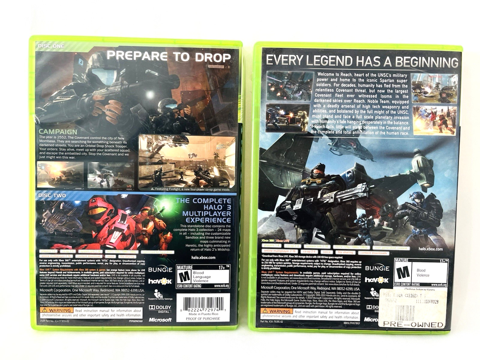Lot of 2 Xbox 360 Halo Reach And Halo 3 ODST Bungie Microsoft
