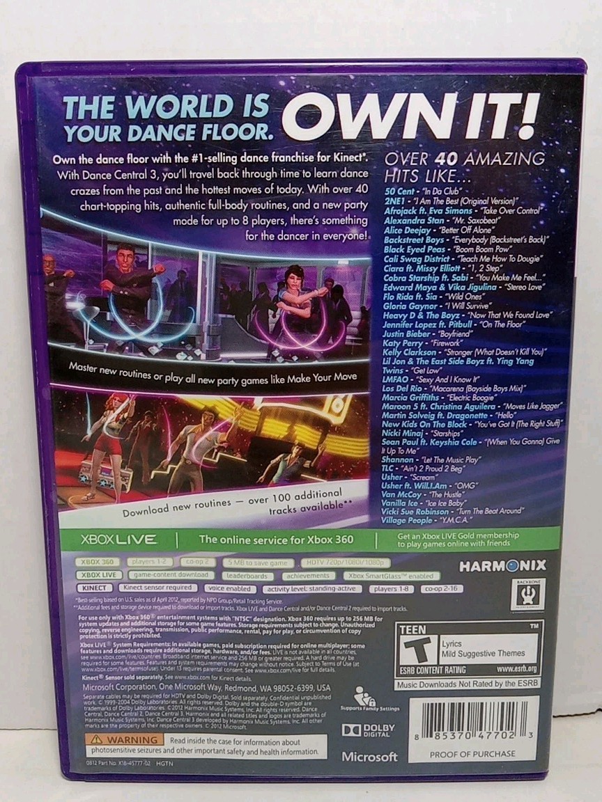 Dance Central 3 (Microsoft Xbox 360) Kinect Game, Complete CIB