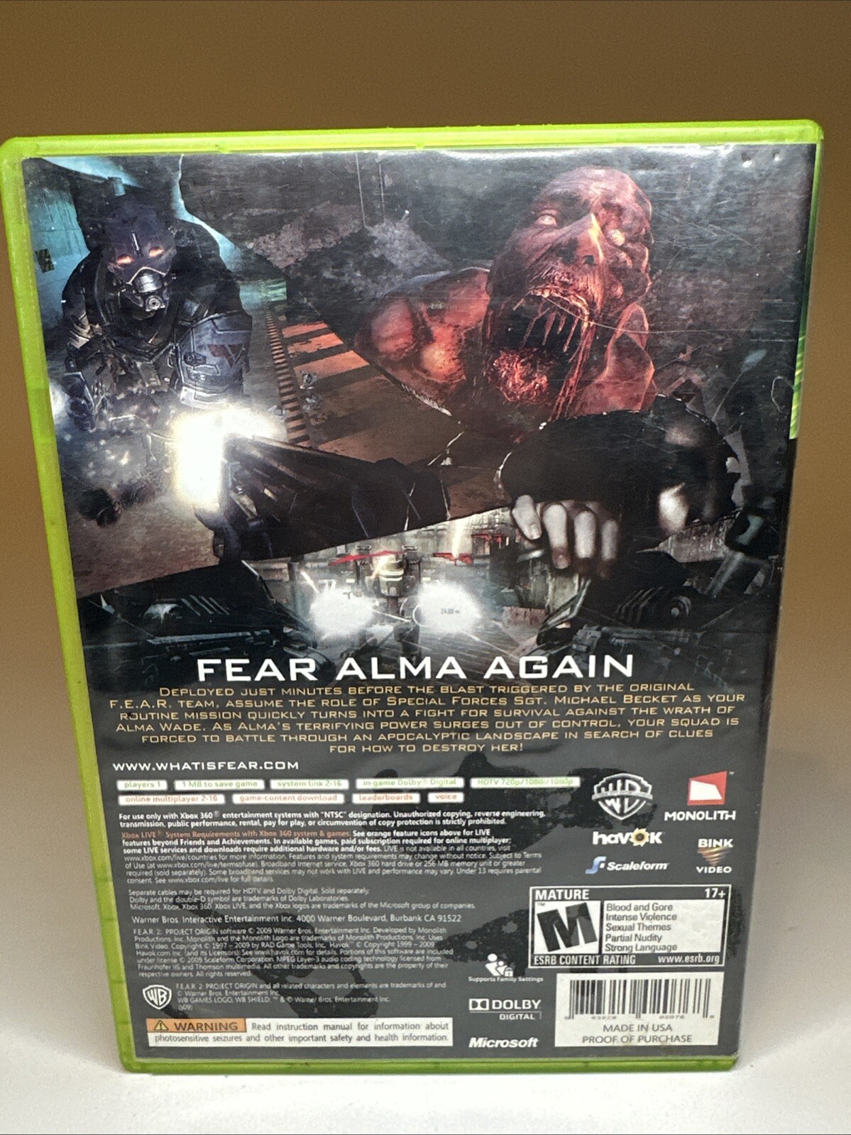 F.E.A.R. 2 Project Origin (Microsoft Xbox 360) CIB Complete Manual Tested