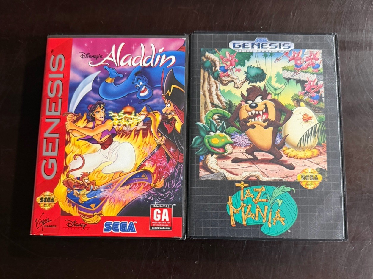 Sega Genesis Taz Mania & Disney Aladdin – Tested & Working – Both Game & Case
