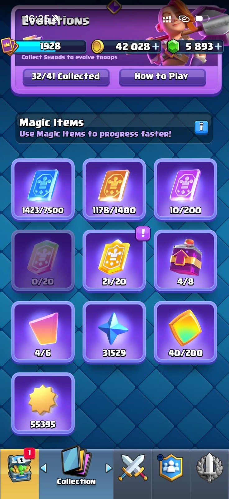 CR/LVL 75(80 Card LV 16-15-14) 13.5K Trophy/127 Emote/14 Tower Skin/32 Evoes