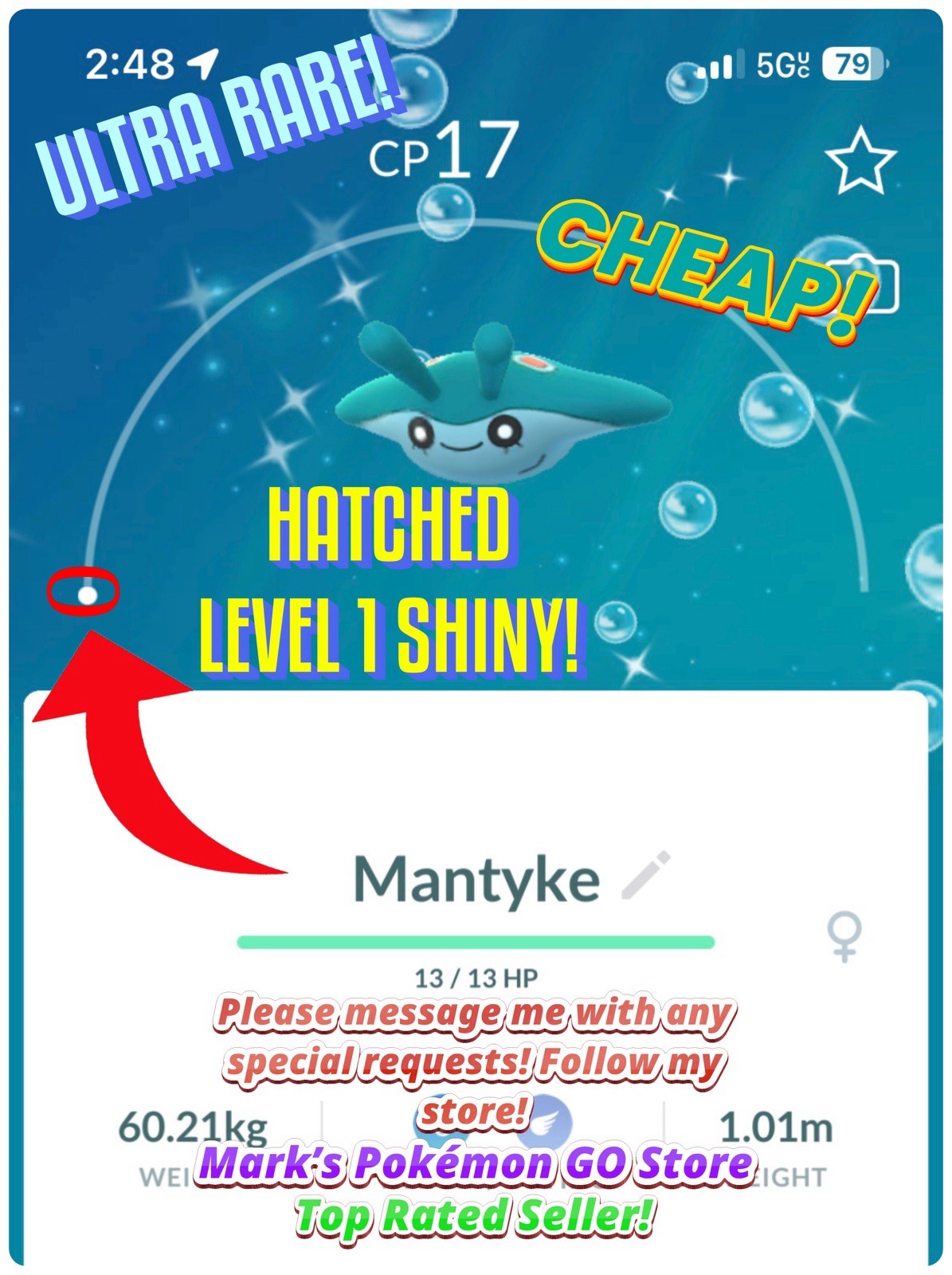 Pokemon✨ULTRA RARE Level 1 Shiny Mantyke✨TRA-DE✨Go