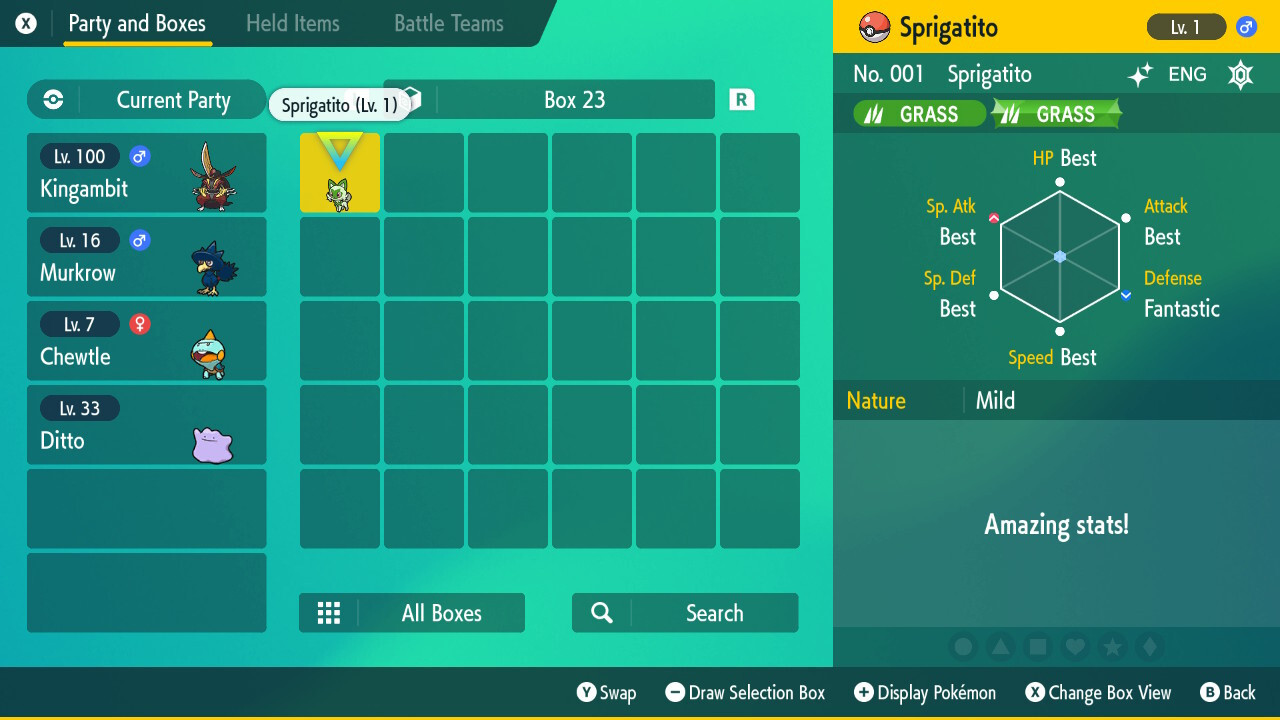 Legitimate 5 Max IV Shiny Hidden Ability Sprigatito Pokemon Scarlet & Violet