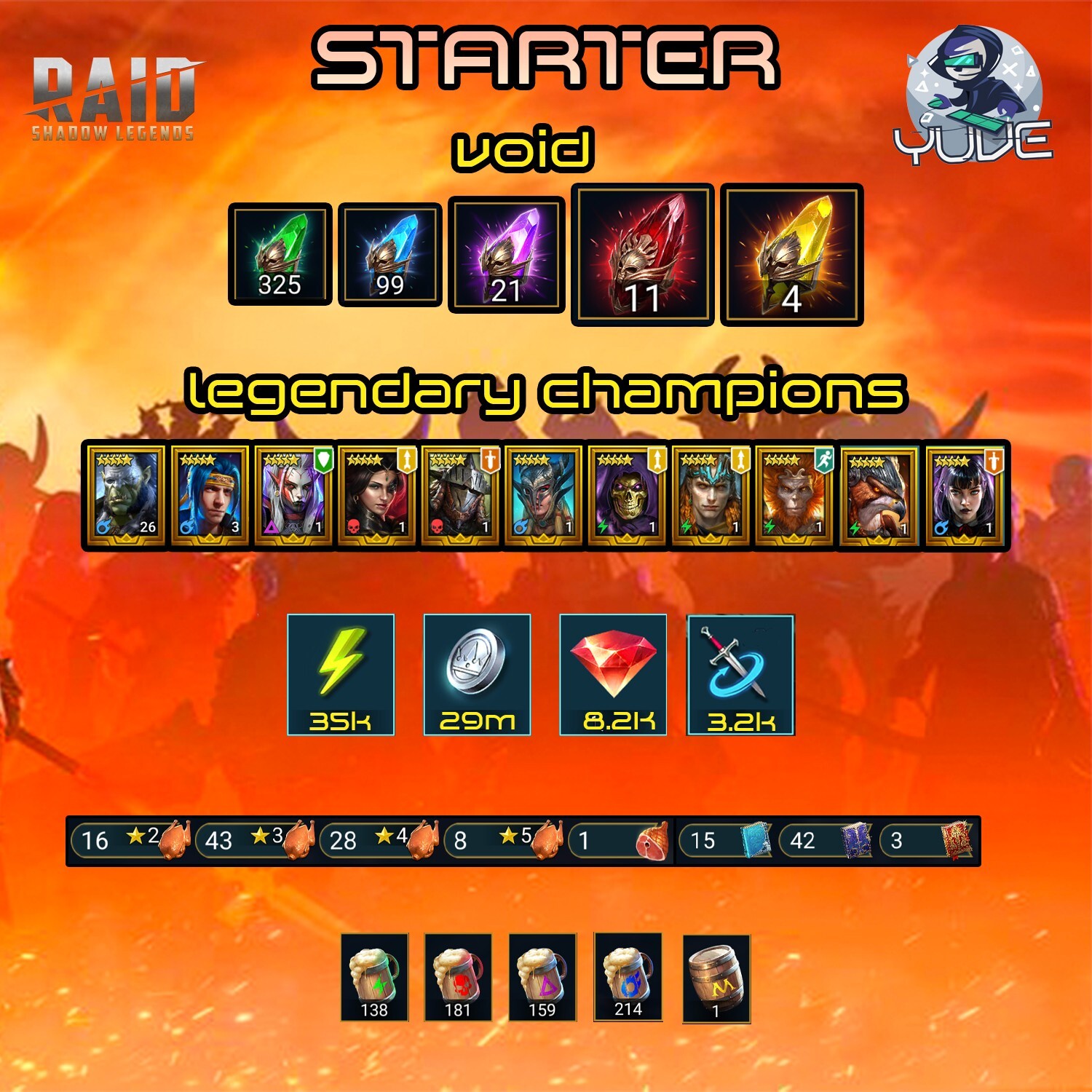 Raid Shadow Legends|SACRED-4|PRIMAL-11|VOID-21|ANCIENT-96|LEGENDARY-11|