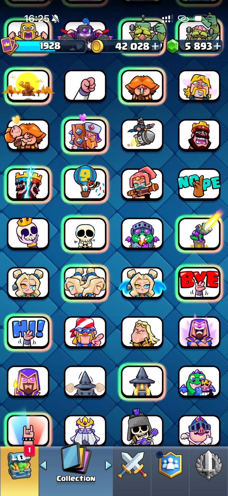CR/LVL 75(80 Card LV 16-15-14) 13.5K Trophy/127 Emote/14 Tower Skin/32 Evoes
