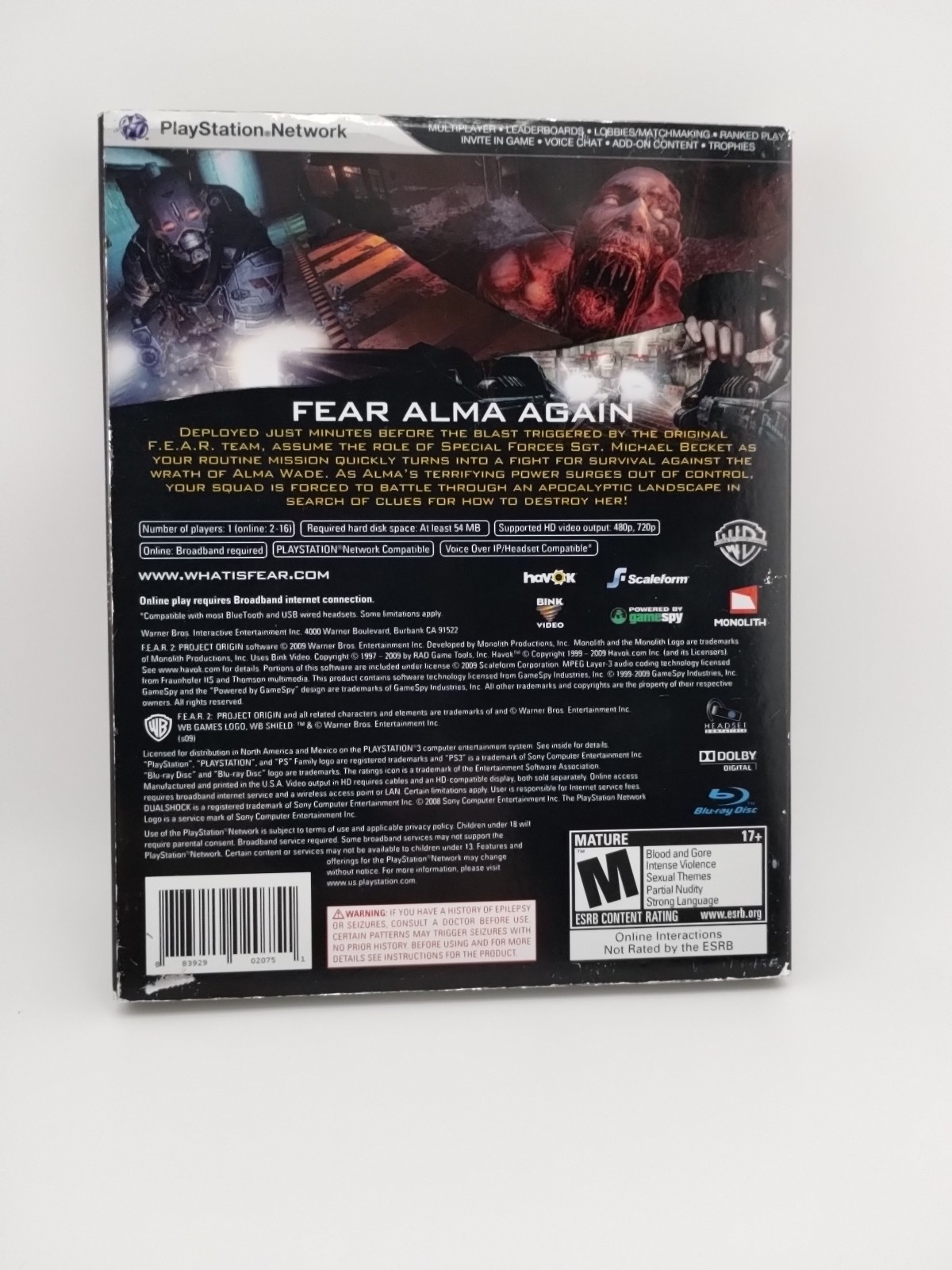 FEAR 2 Project Origin w. Cover Slip PS3 Sony PlayStation 3 2009