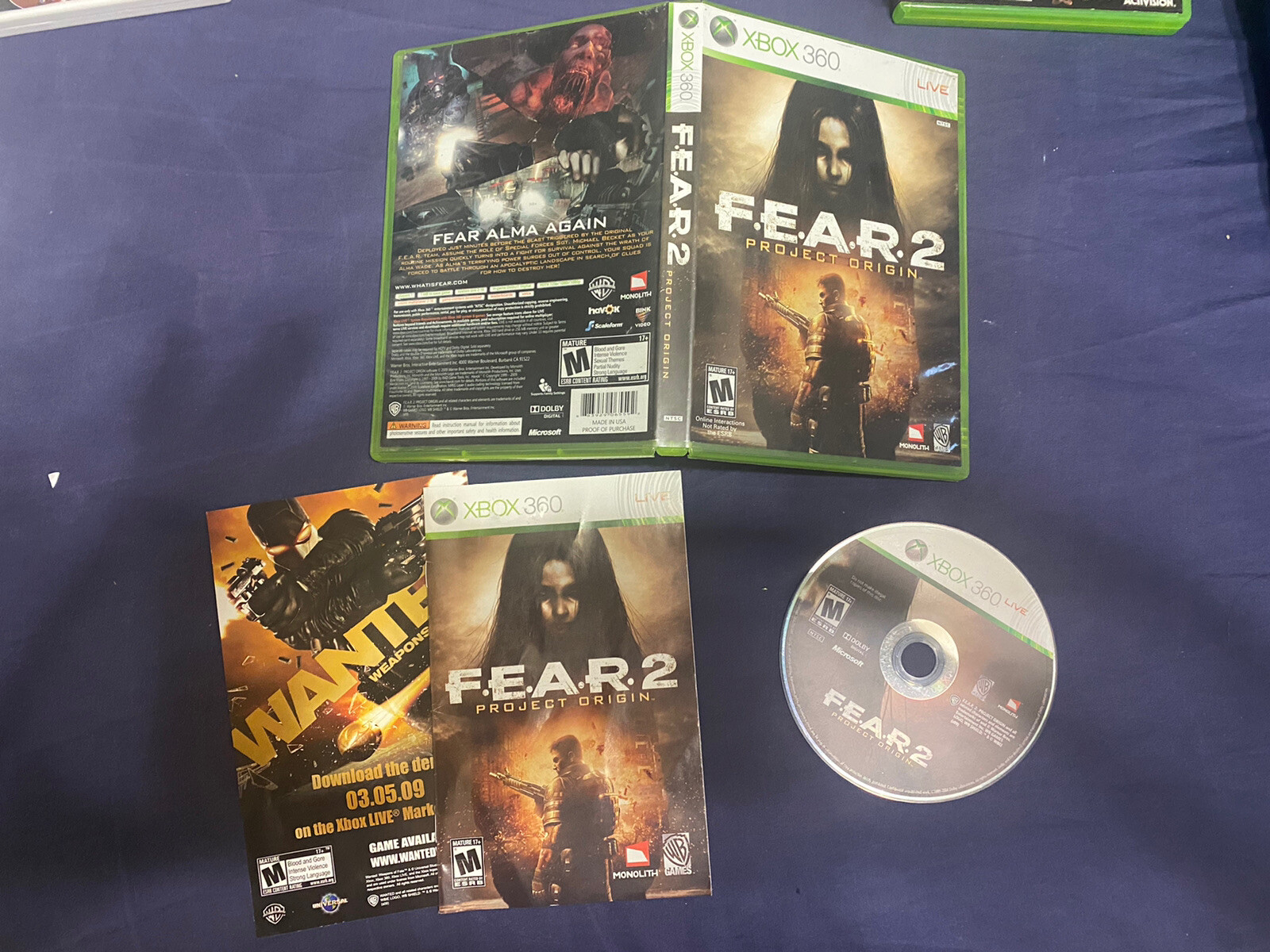 F.E.A.R. 2: Project Origin (Microsoft Xbox 360, 2009) W/ Manual Tested Works!