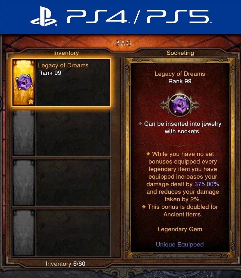 Diablo 3 PS4/PS5 Softcore | 7x Legacy of Dreams – Legendary Gem Patch 2.6.6