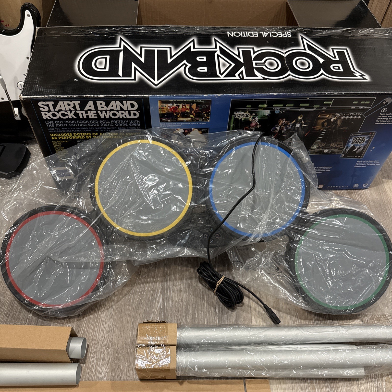 PS2 Rock Band Special Edition Bundle Guitar, Drums, Game & Mic – CIB