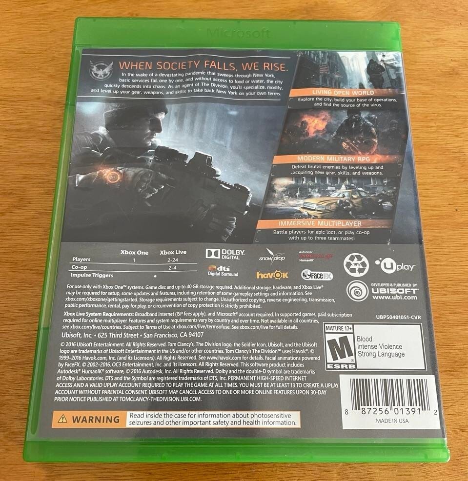 2016 TOM CLANCY’S THE DIVISION with INSERT – XBOX one TESTED Great Condition!
