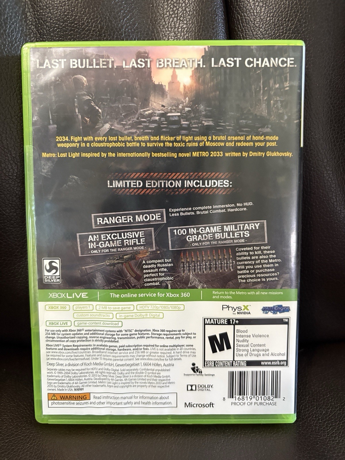 Metro: Last Light — Limited Edition (Microsoft Xbox 360, 2013) Complete CIB
