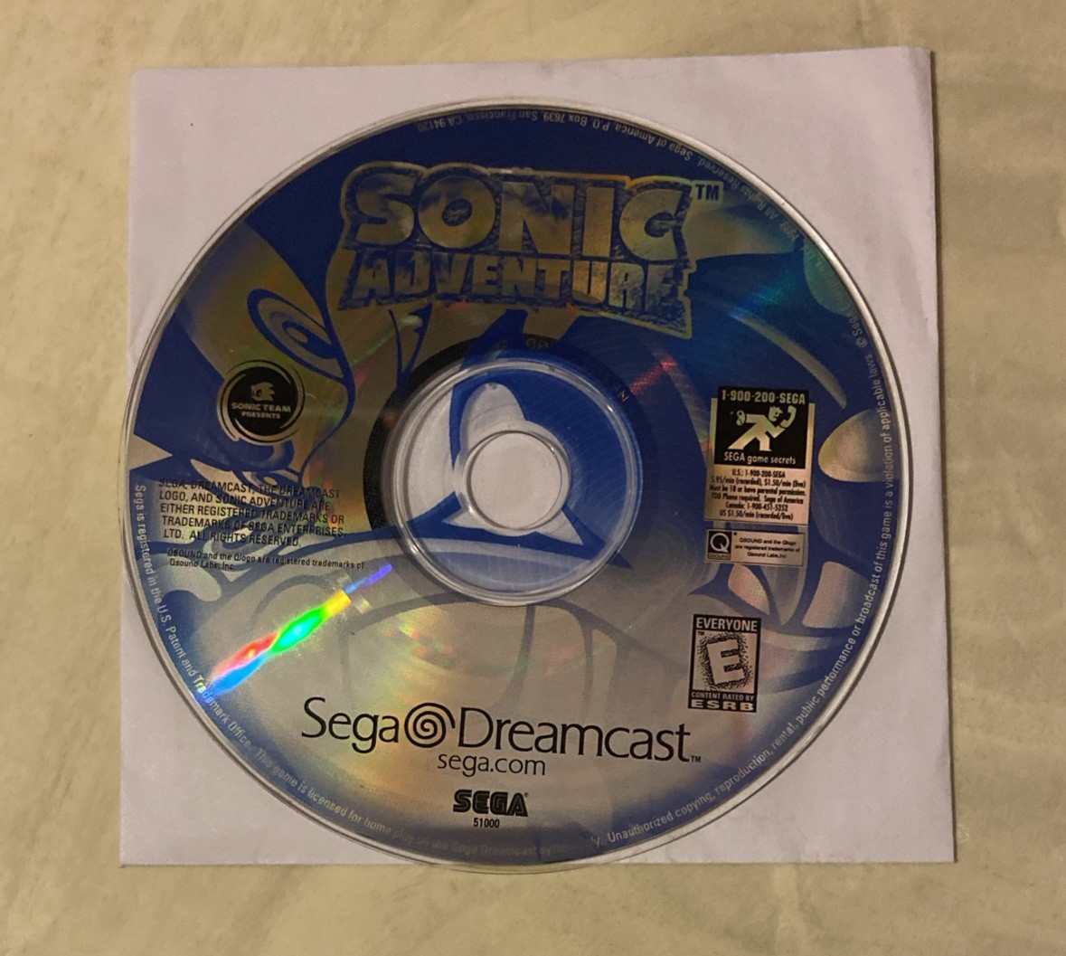 Sonic Adventure (Sega Dreamcast, 1998) Disc Only
